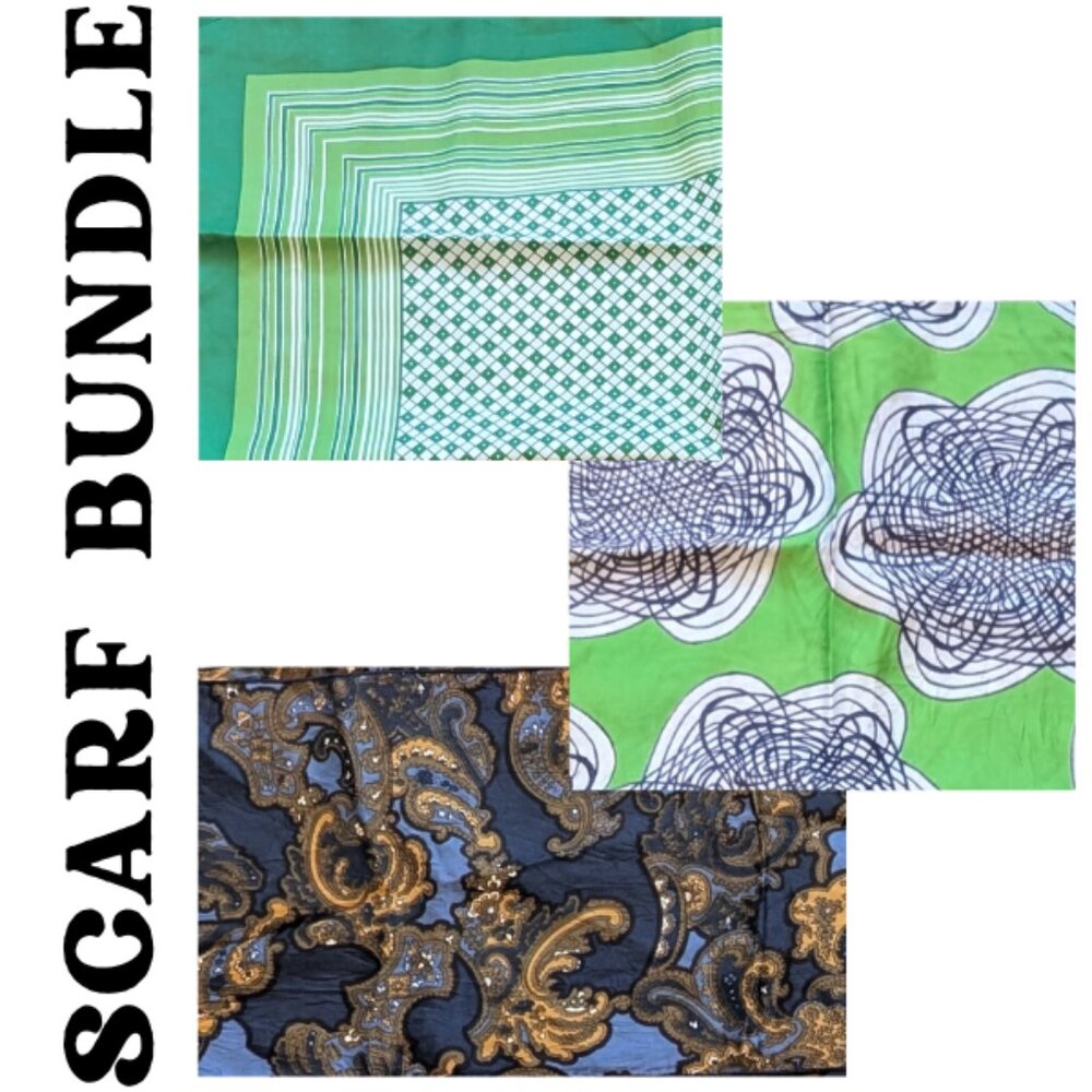 Vintage Scarf Bundle 3pc Paisley Geometric Floral Green Blue Set of 3